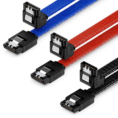deleyCON 3x 50cm SATA 3 Nylon Kabel Set Datenkabel 6 Gbit/s Anschlusskabel Verbindungskabel Mainboard HDD SSD Festplatte 1 S-ATA Stecker 90° Gewinkelt Schwarz Blau Rot von deleyCON