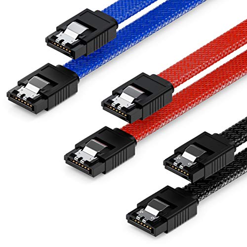 deleyCON 3x 50cm SATA 3 Nylon Kabel Set Datenkabel 6 Gbit/s Anschlusskabel Verbindungskabel Mainboard HDD SSD Festplatte 2 S-ATA Stecker Gerade Schwarz Blau Rot von deleyCON