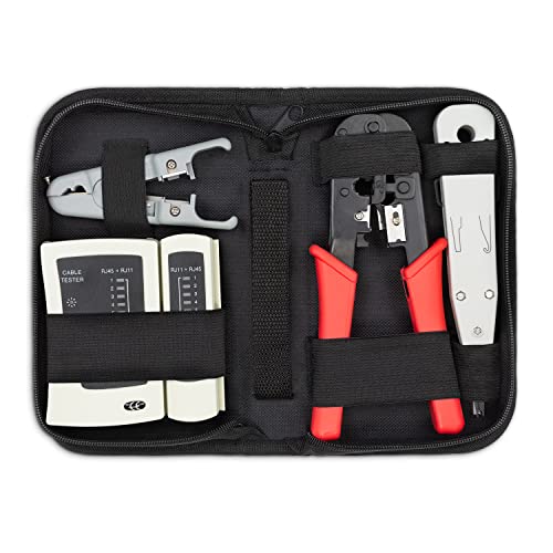 deleyCON 4-teiliges Netzwerk Werkzeug Set Mit Tasche Kabeltester Crimpzange LSA Auflegewerkzeug Abisolierzange IT Computer Netzwerk LAN CAT Werkzeug RJ11 RJ12 RJ45 Weiß Rot von deleyCON