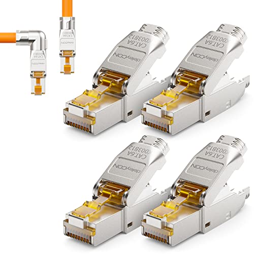 deleyCON 4x CAT 6a Netzwerkstecker 90° Winkel Stecker RJ45 Werkzeuglos Geschirmt 10 Gbit/s Netzwerk Stecker für Starre Verlegekabel Rohkabel Steckverbinder RJ45 Ethernet LAN DSL Patchkabel von deleyCON