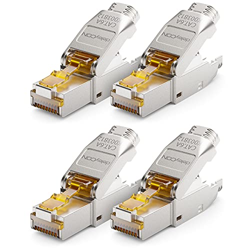 deleyCON 4x CAT 6a Netzwerkstecker RJ45 Werkzeuglos Geschirmt 10 Gbit/s Netzwerk Stecker für Starre Verlegekabel Rohkabel Steckverbinder RJ45 Ethernet LAN DSL Patchkabel von deleyCON