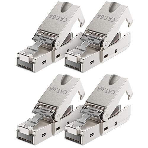 deleyCON 4x CAT 6a Werkzeugloser RJ45 Netzwerkstecker mit LSA Anschluss für Starre Verlegekabel Geschirmt 10 Gbit/s LAN Kabel Netzwerkkabel Stecker CAT6a Metallgehäuse von deleyCON