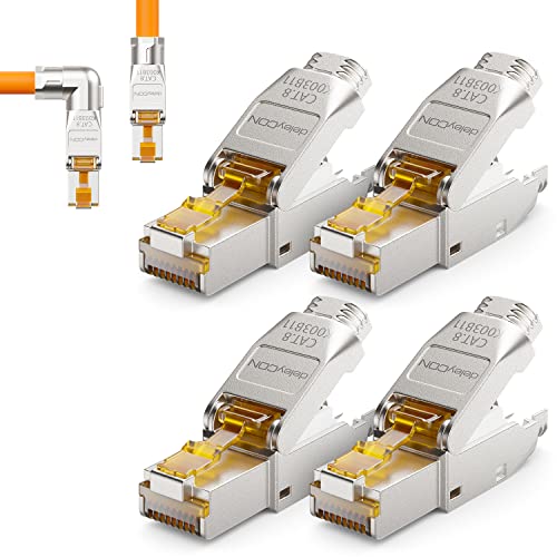 deleyCON 4x CAT 8 Netzwerkstecker 90° Winkel Stecker RJ45 Werkzeuglos Geschirmt 40 Gbit/s Netzwerk Stecker für Starre Verlegekabel Rohkabel Steckverbinder RJ45 Ethernet LAN DSL Patchkabel von deleyCON