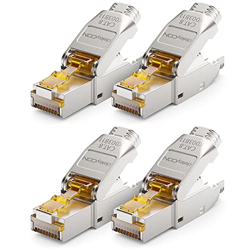 deleyCON 4x CAT 8 Netzwerkstecker RJ45 Werkzeuglos Geschirmt 40 Gbit/s Netzwerk Stecker für Starre Verlegekabel Rohkabel Steckverbinder RJ45 Ethernet LAN DSL Patchkabel von deleyCON