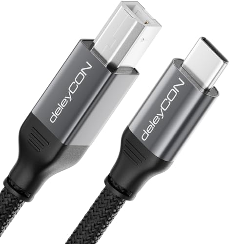 deleyCON 5m USB C Druckerkabel (für Drucker, Scanner, MIDI) USB-C auf USB-B Kabel Geflochten + Metallstecker für Epson HP Samsung Canon Brother iPhone 16 15 Notebook Tablet PC MacBook von deleyCON