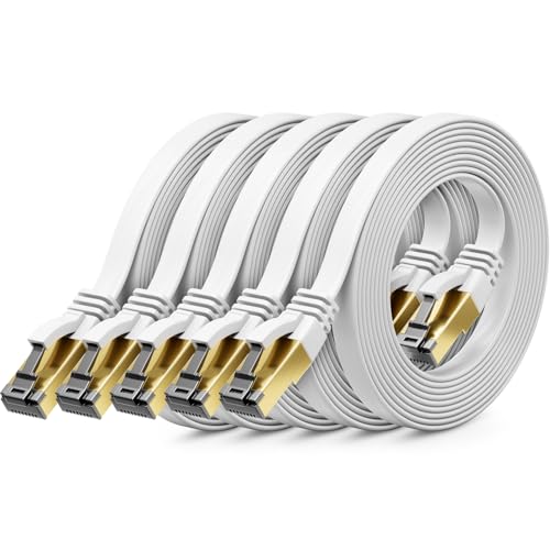 deleyCON 5x 2m CAT 8 Netzwerkkabel Flach (40 Gbit/s, Kupfer) Gigabit Ethernet LAN Cable - Flaches Dünnes Kabel Flachkabel Patchkabel Lang - RJ45 Stecker für CAT8 CAT7 CAT6 - Weiß von deleyCON