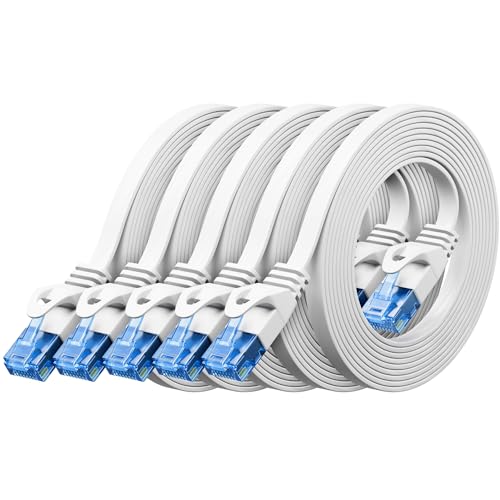 deleyCON 5x 2m CAT6 Flaches Netzwerkkabel 1,5 mm Flachkabel Flachbandkabel U-UTP RJ45 - UUTP Patchkabel für DSL LAN Switch Router Modem Repeater Patchpanel - Weiß von deleyCON