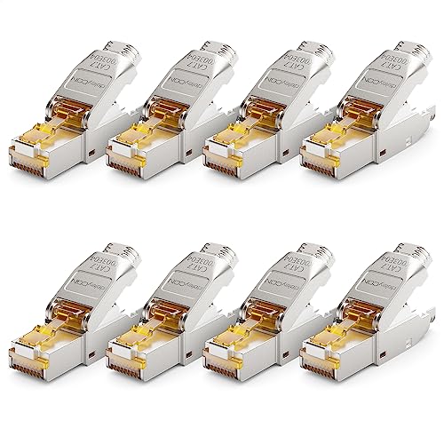 deleyCON 8x CAT 7 Netzwerkstecker Stecker RJ45 Werkzeuglos Geschirmt 10 Gbit/s 600 MHz Netzwerk Stecker für Starre Verlegekabel Rohkabel Steckverbinder RJ45 Ethernet LAN DSL Patchkabel von deleyCON