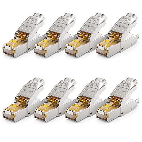 deleyCON 8x CAT 6a Netzwerkstecker RJ45 Werkzeuglos Geschirmt 10 Gbit/s Netzwerk Stecker für Starre Verlegekabel Rohkabel Steckverbinder RJ45 Ethernet LAN DSL Patchkabel von deleyCON