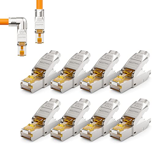 deleyCON 8x CAT 8 Netzwerkstecker 90° Winkel Stecker RJ45 Werkzeuglos Geschirmt 40 Gbit/s Netzwerk Stecker für Starre Verlegekabel Rohkabel Steckverbinder RJ45 Ethernet LAN DSL Patchkabel von deleyCON