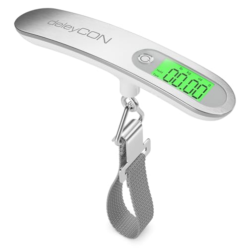 deleyCON Digitale Kofferwaage Gepäckwaage mit Display (bis 50kg, Inkl. Batterie) Tragbare Waage mit Haken für Reisekoffer Küche Angeln Hängewaage Fischwaage mit TARA Funktion Silber/Weiß von deleyCON
