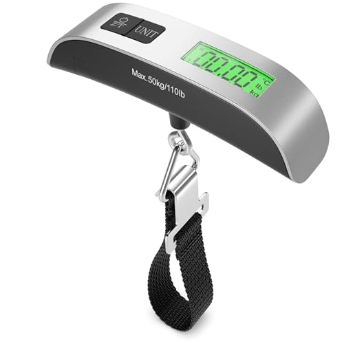 deleyCON Digitale Kofferwaage Gepäckwaage mit Display (bis 50kg, Inkl. Batterie) Tragbare Waage mit Haken für Reisen Koffer Küche Angeln Hängewaage Fischwaage mit TARA Funktion Silber/Schwarz von deleyCON
