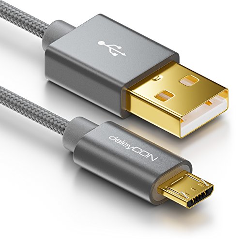 deleyCON Micro USB Kabel 0,5m Nylon + Metallstecker - Ladekabel Datenkabel Schnellladekabel - Smartphone Tablet PC Laptop Notebook - Grau von deleyCON
