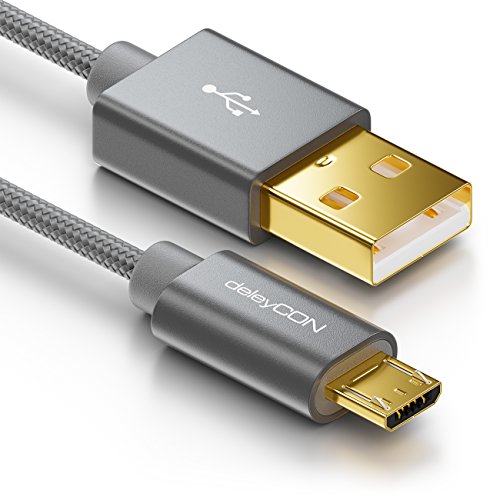 deleyCON Micro USB Kabel 2m Nylon + Metallstecker - Ladekabel Datenkabel Schnellladekabel - Smartphone Tablet PC Laptop Notebook - Grau von deleyCON