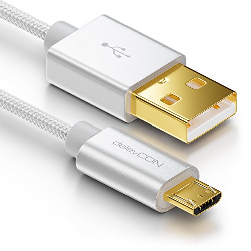 deleyCON Micro USB Kabel 2m Nylon + Metallstecker - Ladekabel Datenkabel Schnellladekabel - Smartphone Tablet PC Laptop Notebook - Silber von deleyCON