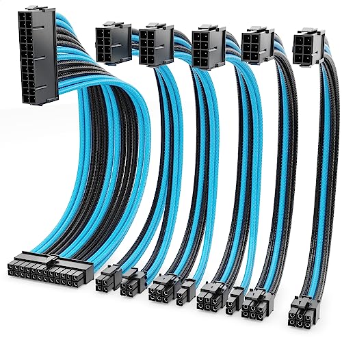 deleyCON Netzteil Kabel Verlängerung Set 6-Teilig 30cm - Grafikkarte PC Computer Mainboard ATX 24-Pin EPS 4+4-Pin PCI Express 6+2-Pin & 6-Pin Stromkabel Stecker auf Buchse Schwarz Blau von deleyCON