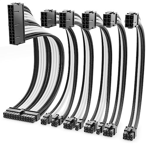 deleyCON Netzteil Kabel Verlängerung Set 6-Teilig 30cm - Grafikkarte PC Computer Mainboard ATX 24-Pin EPS 4+4-Pin PCI Express 6+2-Pin & 6-Pin Stromkabel Stecker auf Buchse Schwarz Weiß von deleyCON