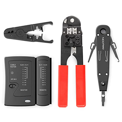 deleyCON Netzwerk Werkzeug Set 4-teilig mit Tasche LSA Auflegewerkzeug Abisolierzange Kabeltester Crimpzange für IT Computer Netzwerk LAN CAT Werkzeug RJ11 RJ12 RJ45 Schwarz Rot von deleyCON