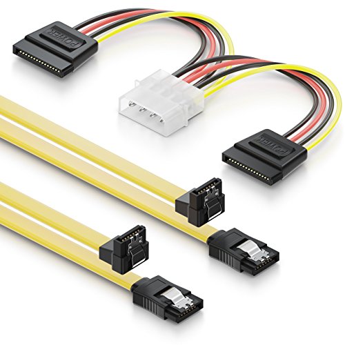 deleyCON SATA Kabel Set 2x 0,5m S-ATA 3 Kabel + 4Pin zu 2x SATA Stromadapter - HDD SSD Datenkabel mit Clip - 1x Stecker Gerade zu 1x Stecker 90° Grad Winkel von deleyCON