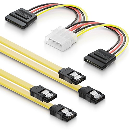 deleyCON SATA Kabel Set 2x 0,5m S-ATA 3 Kabel + 4Pin zu 2x SATA Stromadapter - HDD SSD Datenkabel mit Clip - 1x Stecker Gerade zu 1x Stecker Gerade - Gelb von deleyCON