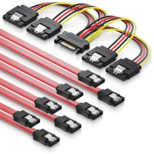 deleyCON SATA Kabel Set 4x SATA III Kabel mit Stecker Gerade + Strom Adapter Kabel - SSD HDD Festplatte von deleyCON