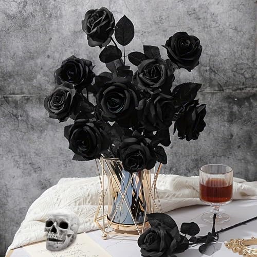 dellyy 10 Schwarze Halloween Rosen, Gothic Schwarze Rosen, Fake Künstliche Blumen, Halloween Rose Blumen, Gothic Rose Blumenstrauß, Kunstblumen Deko, Schwarz Seidenblumen für Party, Zuhause, Hochzeit von dellyy