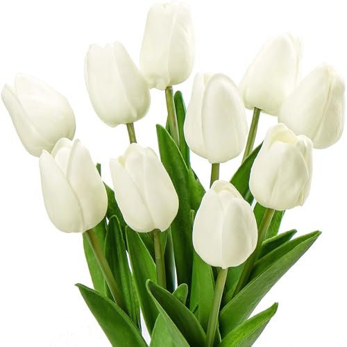 dellyy Künstliche Tulpen 10 Stück, Tulpen Künstlich wie Echt, Kunstblumen Wohnzimmer Schlafzimmer Dekoration, Künstliche Tulpen wie Echt Kein Gießen nötig Grünpflanzen für den Innenbereich (Weiß) von dellyy