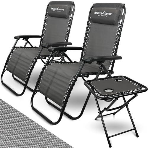 deluxe4home® 3-teiliges Liegestuhl Set mit Klapptisch I Sitzgruppe klappbar I Gartenstuhl Strandliege Flexibles Gewebe Atmungsaktiv Tisch mit Getränkehalter I Sonnenliege Anthrazit von deluxe4home