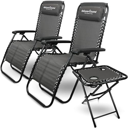 deluxe4home® 3-teiliges Liegestuhl Set mit Klapptisch I Sitzgruppe klappbar I Gartenstuhl Strandliege Flexibles Gewebe Atmungsaktiv Tisch mit Getränkehalter I Sonnenliege Anthrazit von deluxe4home