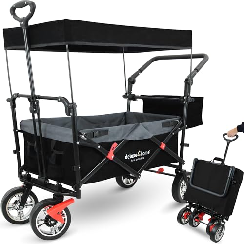 deluxe4home® Bollerwagen mit Dach Faltbar Schwarz I Handwagen Transportwagen bis 80 kg I Breite Reifen Trolley Bremsen I Robuster Wagen Kinderwagen Strandwagen von deluxe4home