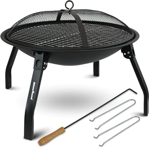 deluxe4home® XL Feuerschale mit Grillrost Rund ⌀55 cm I Feuerkorb Grillschale mit Funkenschutz und Schürhaken I Garten Feuerkorb Feuerstelle Feuertonne von deluxe4home