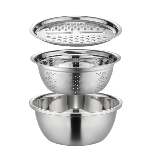 demaxiyad Multifunktionales Edelstahlbecken mit Reibe Sieb Becken Rührschüssel Set Salatbereiter Siebschale mit Ablaufkorb Obst Gemüseschneider Reibe von demaxiyad