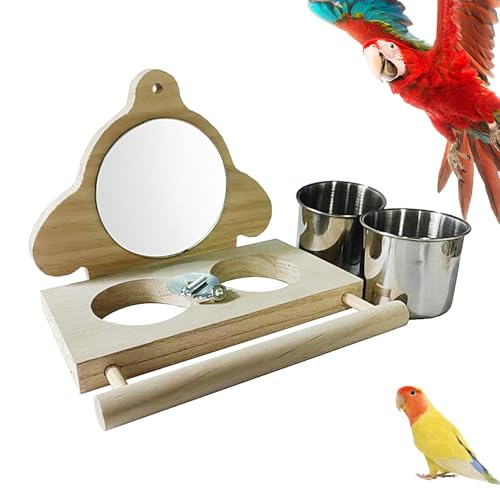 demaxiyad Sitzstange für Vogelkäfig, Halterung für Papageien | Spielzeug Spiegel Wellensittiche aus Holz | Vogel-Spiegelspielzeug mit Edelstahl-Futterschale, Papageienkäfig, Sitzstange in von demaxiyad