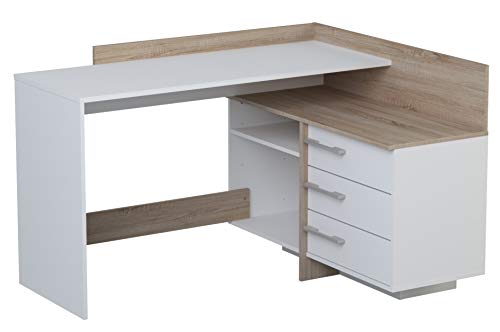 Demeyere 484879 Eckschreibtisch mit 3 Schubladen Thales, 128.8 x 83.2 x 105.7 cm, eiche dunkel / perle weiß von demeyere