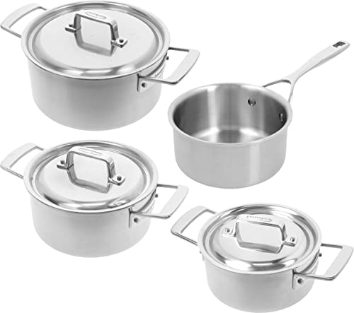 Demeyere Essential 5 Topfset aus Edelstahl, Induktion-Kochtopf-Set 4 teilig, Stainless Steel Kochgeschirr mit 3 Töpfe + Metall Deckel + Stielkasserolle, 30 Jahre Garantie von demeyere