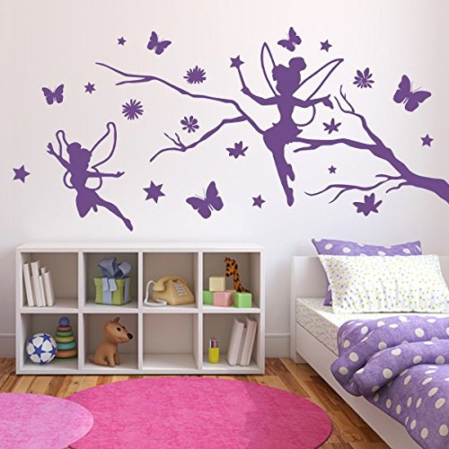 denoda® Zweig mit Elfen, Schmetterlingen und Blumen - Wandtattoo Hellrosa (Wandsticker Wanddekoration Wohndeko Wohnzimmer Kinderzimmer Schlafzimmer Wand Aufkleber) von denoda