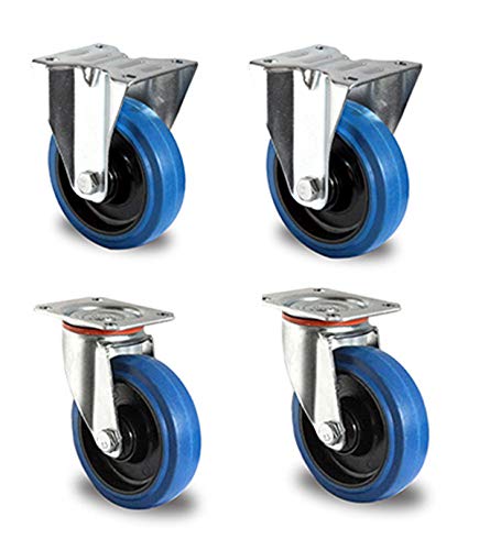 der ROLLENDE SHOP - Rollensatz - 2 Lenkrollen und 2 Bockrollen - 125 mm Elastik "Blue Wheels" - Serie R4E1 von der ROLLENDE SHOP