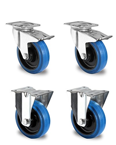 der ROLLENDE SHOP - Rollensatz - 2 Lenkrollen mit Feststeller und 2 Bockrollen 100 mm Elastik "Blue Wheels" - Serie R4E1 von der ROLLENDE SHOP