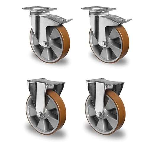 Rollensatz 2 Lenkrollen mit Feststeller + 2 Bockrollen 200 mm Polyurethan "Schwerlast" Rollensatz 2 Lenkrollen mit Feststeller + 2 Bockrollen 200 mm Polyurethan "Schwerlast" von der ROLLENDE SHOP