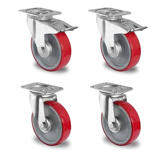 Rollensatz 2 Lenkrollen mit Feststeller + 2 Lenkrollen 80 mm Polyurethan rot von der ROLLENDE SHOP