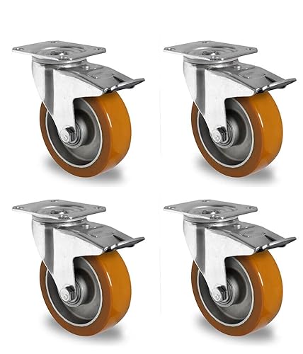 Rollensatz 4 Lenkrollen mit Feststeller 100 mm Polyurethan braun "Alu" von der ROLLENDE SHOP
