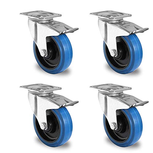 der ROLLENDE SHOP - Rollensatz - 4 Lenkrollen mit Feststeller 125 mm Elastik "Blue Wheels" - Serie R4E1 von der ROLLENDE SHOP