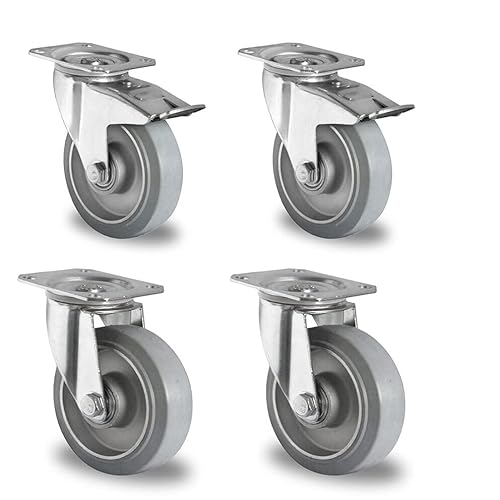 Rollensatz 2 Lenkrollen mit Feststeller + 2 Lenkrollen 100 mm Elastik grau "Alu" von der ROLLENDE SHOP