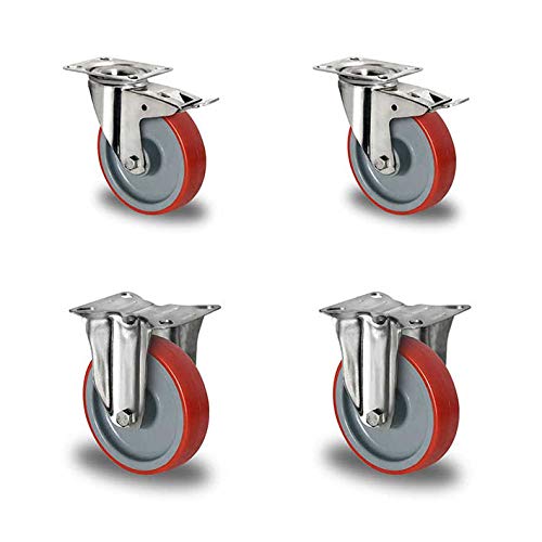 der ROLLENDE SHOP - Rollensatz 2 Lenkrollen mit Bremse und 2 Bockrollen 80 mm Durchmesser Polyurethan rot "Edelstahl" - Serie N2U6 der ROLLENDE SHOP - Rollensatz 2 Lenkrollen mit Bremse und 2 Bockrollen 80 mm Durchmesser Polyurethan rot "Edelstahl" - Serie N2U6 von der ROLLENDE SHOP