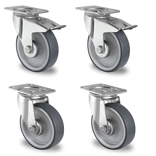 Rollensatz 2 Lenkrollen mit Feststeller + 2 Lenkrollen 100 mm Thermoplastisches Gummi Rollensatz 2 Lenkrollen mit Feststeller + 2 Lenkrollen 100 mm Thermoplastisches Gummi von der ROLLENDE SHOP
