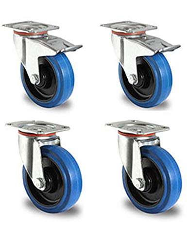 Rollensatz 2 Lenkrollen mit Feststeller + 2 Lenkrollen 125 mm Elastik "Blue Wheels" von der ROLLENDE SHOP