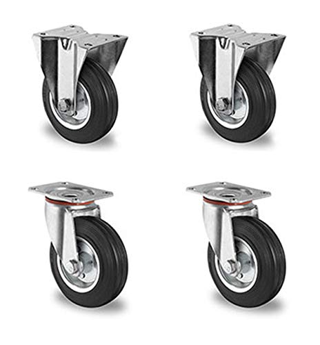 Rollensatz 2 Lenk- + 2 Bockrollen 100 mm Vollgummi schwarz mit Stahlfelge Rollensatz 2 Lenk- + 2 Bockrollen 100 mm Vollgummi schwarz mit Stahlfelge von der ROLLENDE SHOP