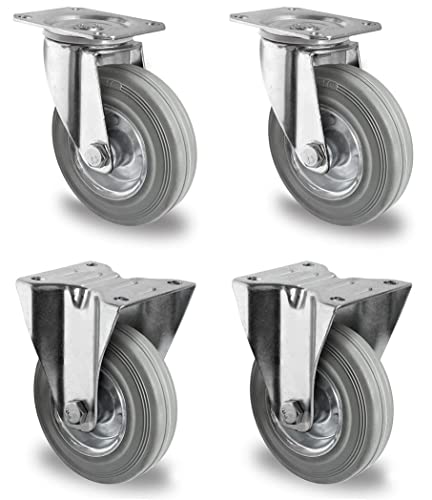 Rollensatz 2 Lenk- + 2 Bockrollen 100 mm Vollgummi grau mit Stahlfelge Rollensatz 2 Lenk- + 2 Bockrollen 100 mm Vollgummi grau mit Stahlfelge von der ROLLENDE SHOP