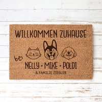 Willkommen Zuhause Hund Katze Personalisierte Kokos Fußmatte Haustier Motiv Comic Symbol Cartoon + Namen | Indoor Türmatte Geschenk Einzug von derBandshop