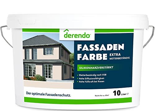 derendo Fassadenfarbe beige 10l mit EXTRA hohem Wetterschutz, matte silikonharzverstärkte Fassaden Farbe, hohe Deckkraft und gute Füllkraft bei kleinen Rissen (Perlbeige) von derendo